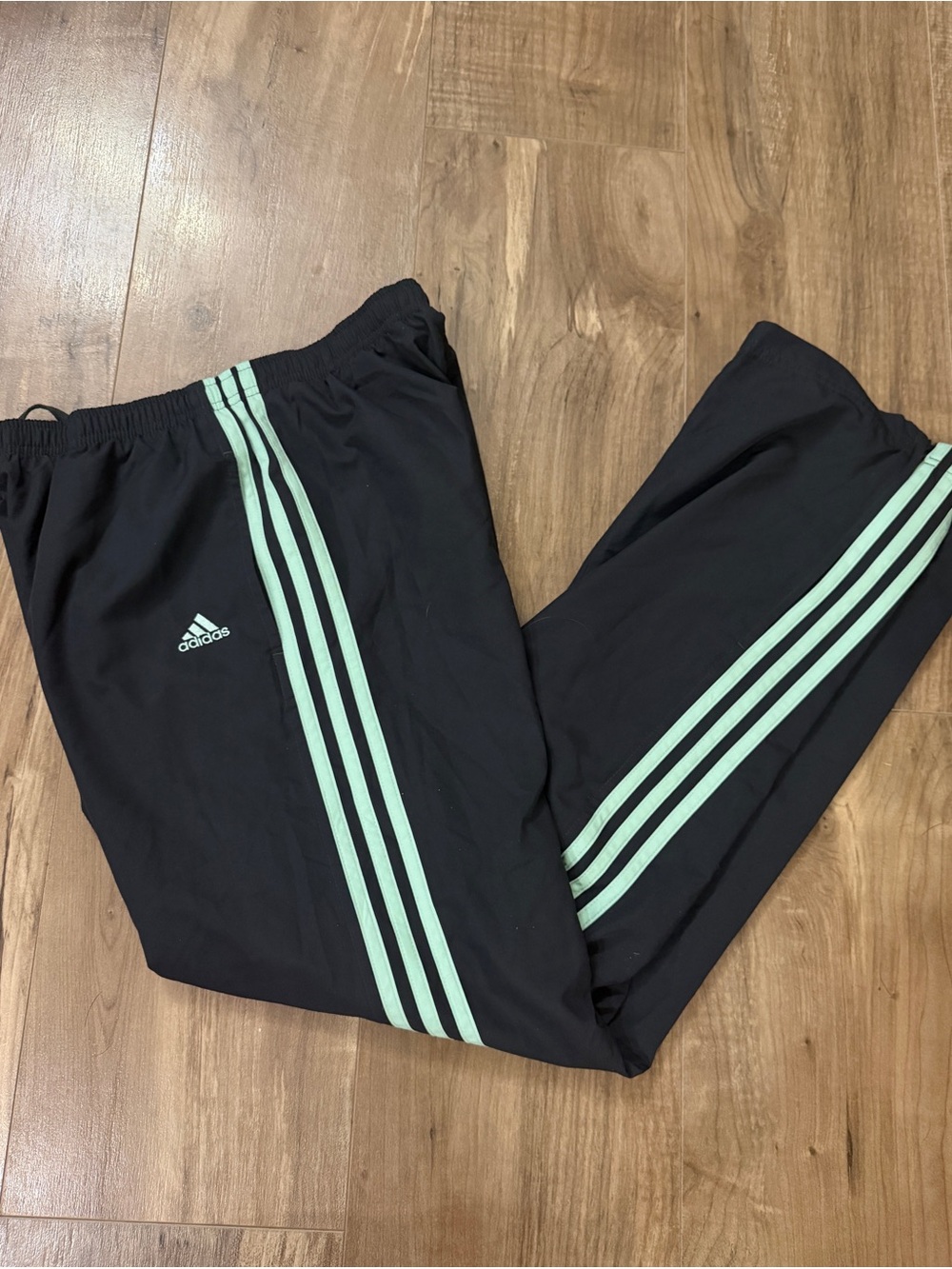 Vintage Y2k Adidas Windbreaker Track Pants - Black Mint Green 3 Stripe - women S